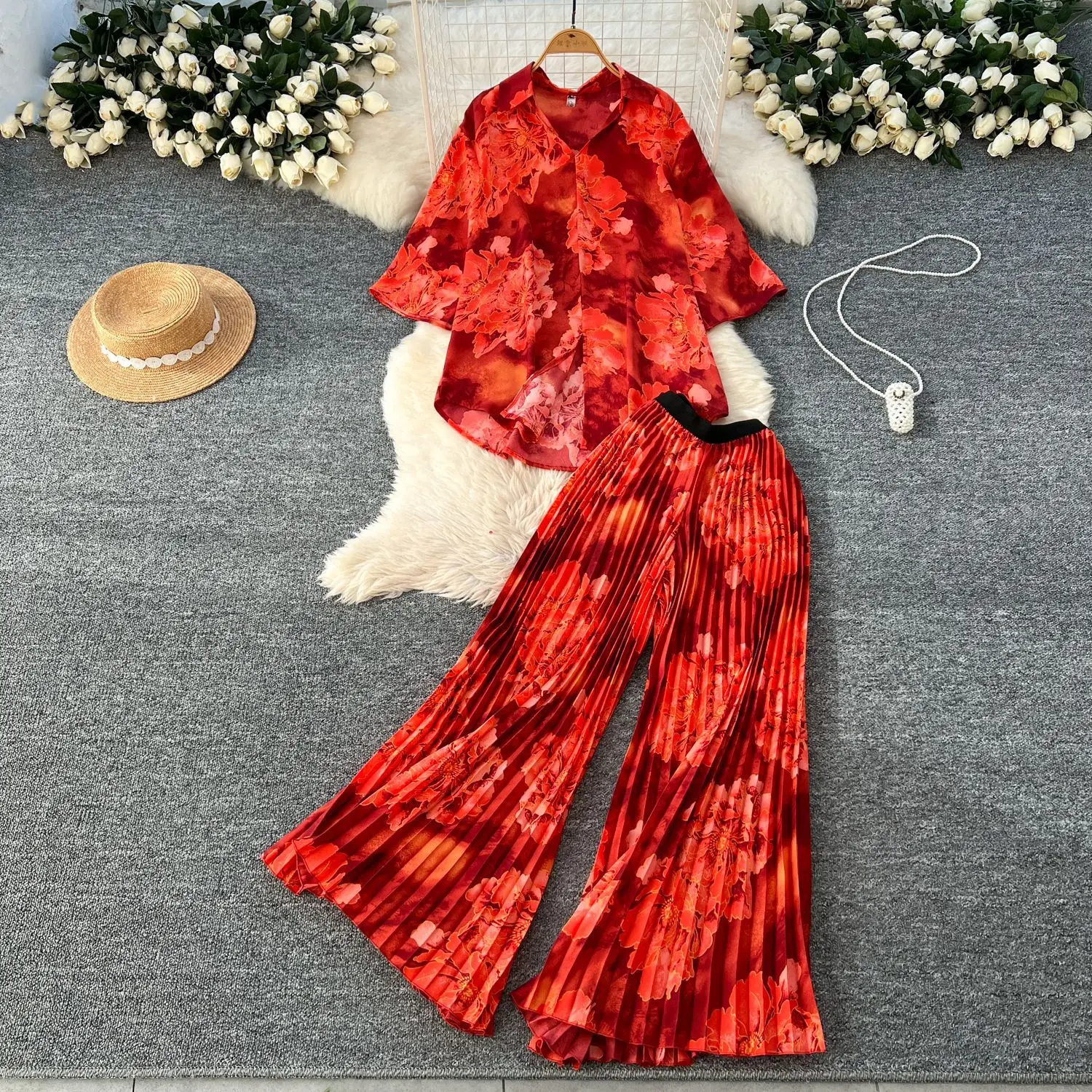 

Pant Set Women Two Piece Sets Matching Sets Short Sleeve Print Shirt Tops Loose Wide Leg Long Pants High Waist Y2k Streetwear