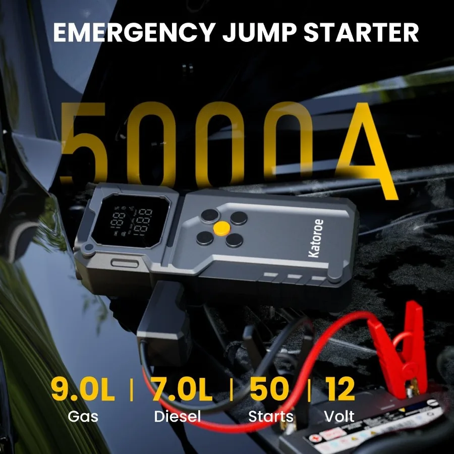 Portable 12V Car Battery Jump Starter with 5000A Peak Current and 150PSI Air Compressor for 9.0L Gas and 7.0L Diesel Engines In