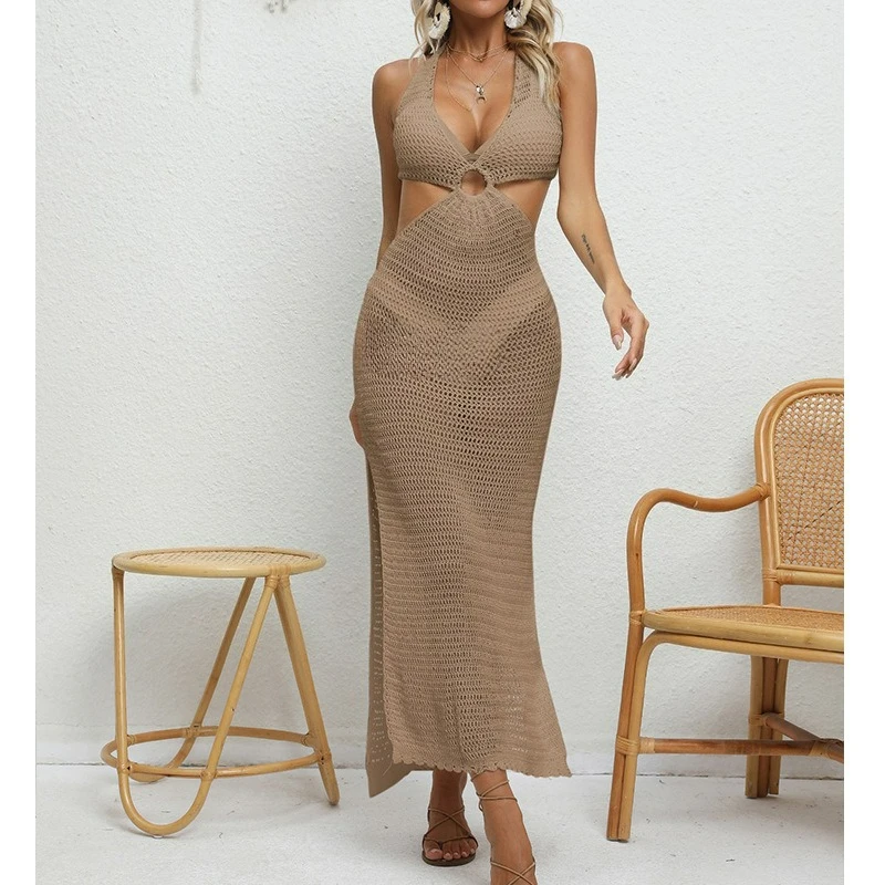 Robe de plage sexy et ajustée, avec taille exposée, col licou, bretelles en V profond, protection solaire, robe longue une pièce