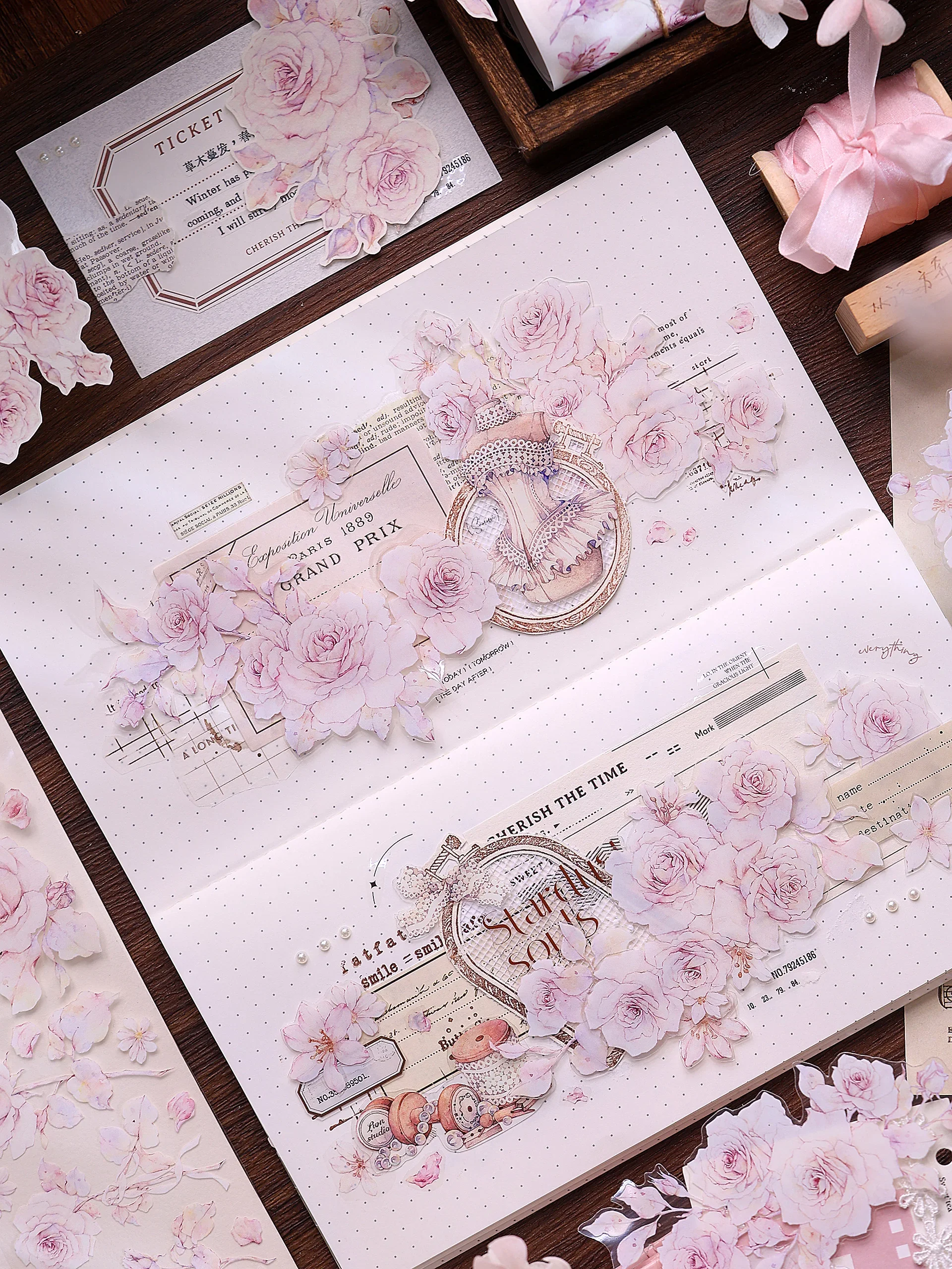 Xiao Bai Jia [slightly Drunk] Light Retro Pink Rose Paper Washi PET Collage Card Tape