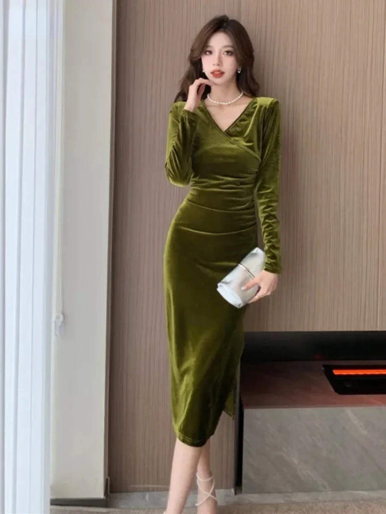 

Elegant Dresses Women V Neck Long Sleeve Split Temperament Velvet Dress Part French Style Chic Ladies Vintage Fashion