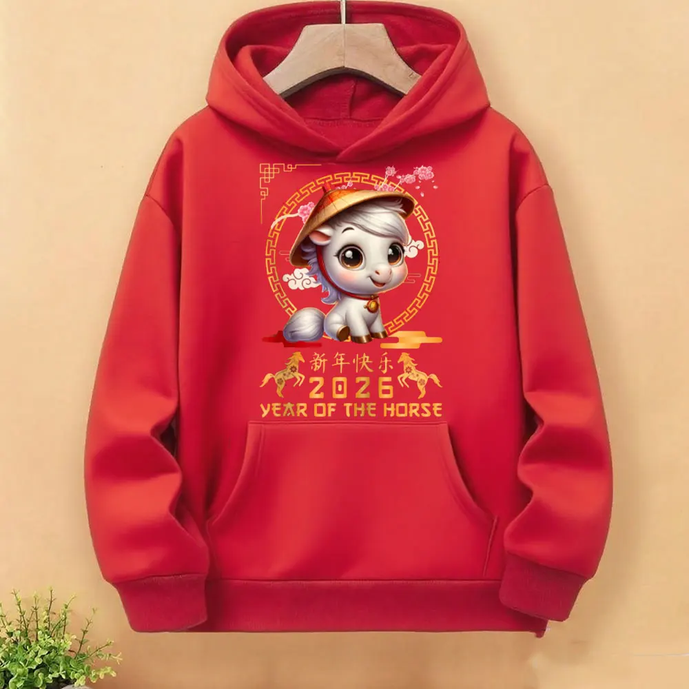 Rok Konia 2026 Chiński Nowy Rok Lunarny 2026 Damska Bluza z Kapturem Uroczy Kreskówkowy Koni Nadruk Pulower Y2k Ropa Mujer Top