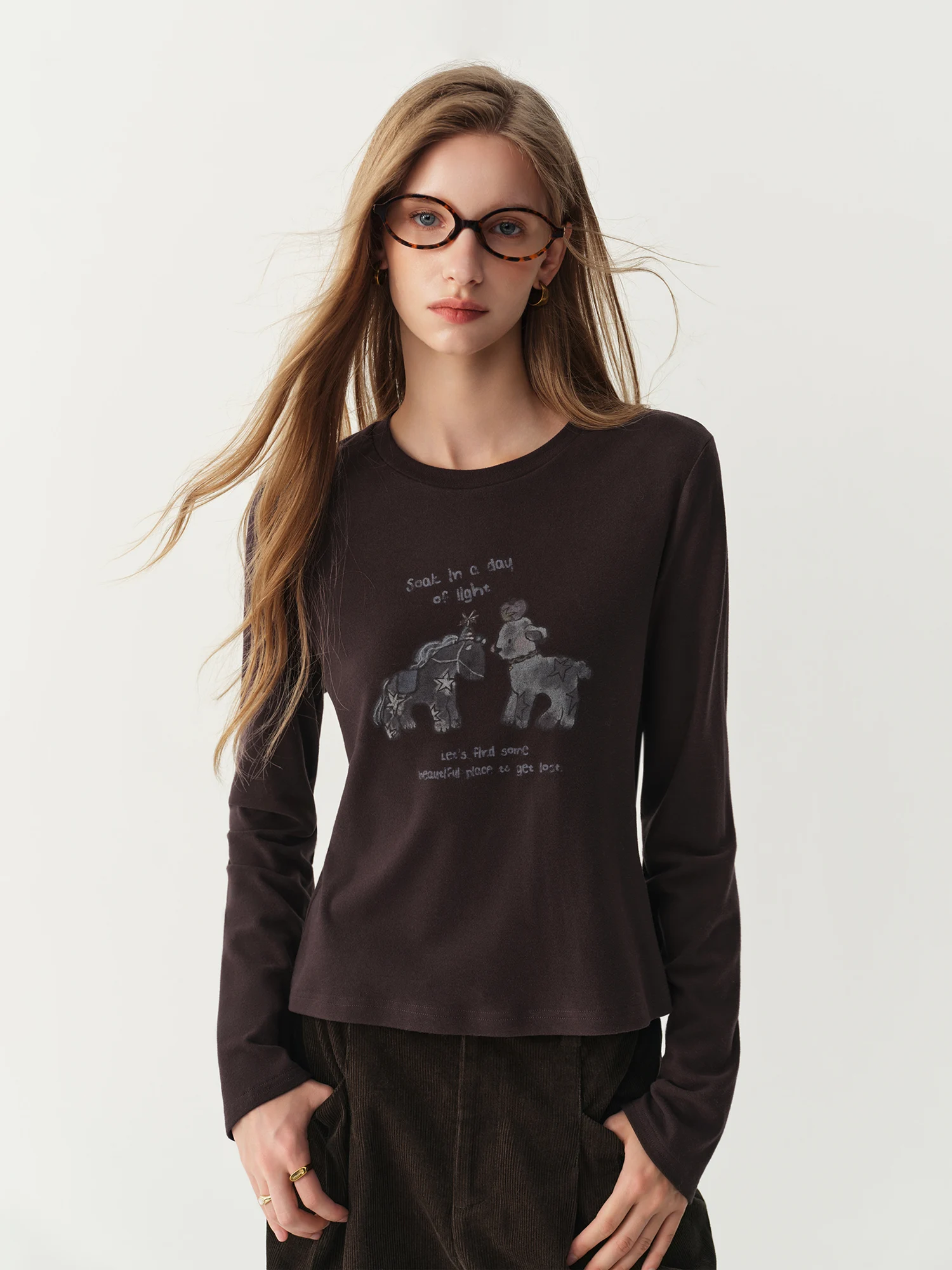 FSLE Wool-lined Long-sleeved Knit T-shirt Women's Base Layer Cartoon Print New Style for Autumn and Winter 2026