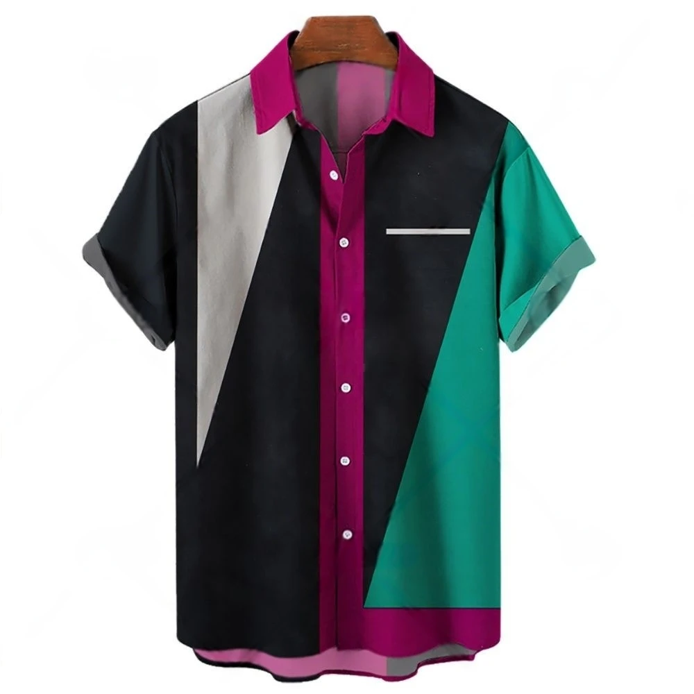Retro Stripe and Grid Pattern Printed Short Sleeved Shirts for Men's Street Fashion Men's Clothing Elegant Men's Shirts