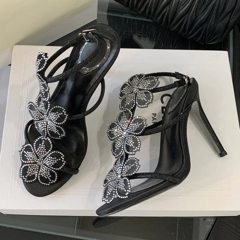 

Eilyken Street Style Crystal Flower Narrow Band Women Sandals Fashion Thin High Heels Buckle Strap Banquet Stripper Shoes