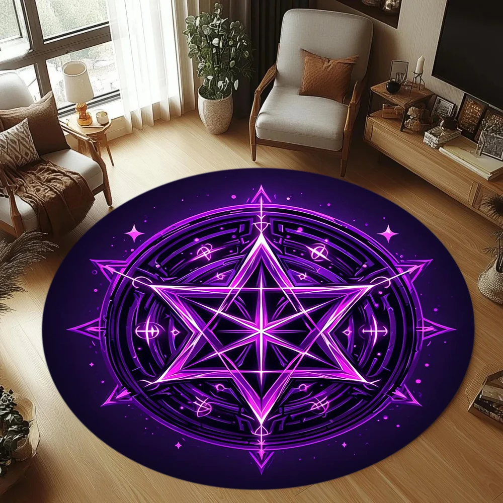 Neon Pentagram Magic Circle Round Area Rug Fantasy Style Floor Carpet for Gaming Room Leisure Space Home Decor