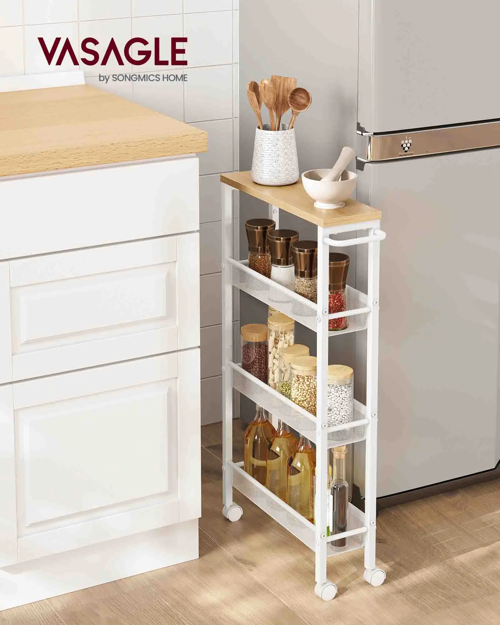 VASAGLE 4-shelf trolley with wheels. Steel frame, handle. Ideal for small spaces in kitchen, bathroom, living room, studio