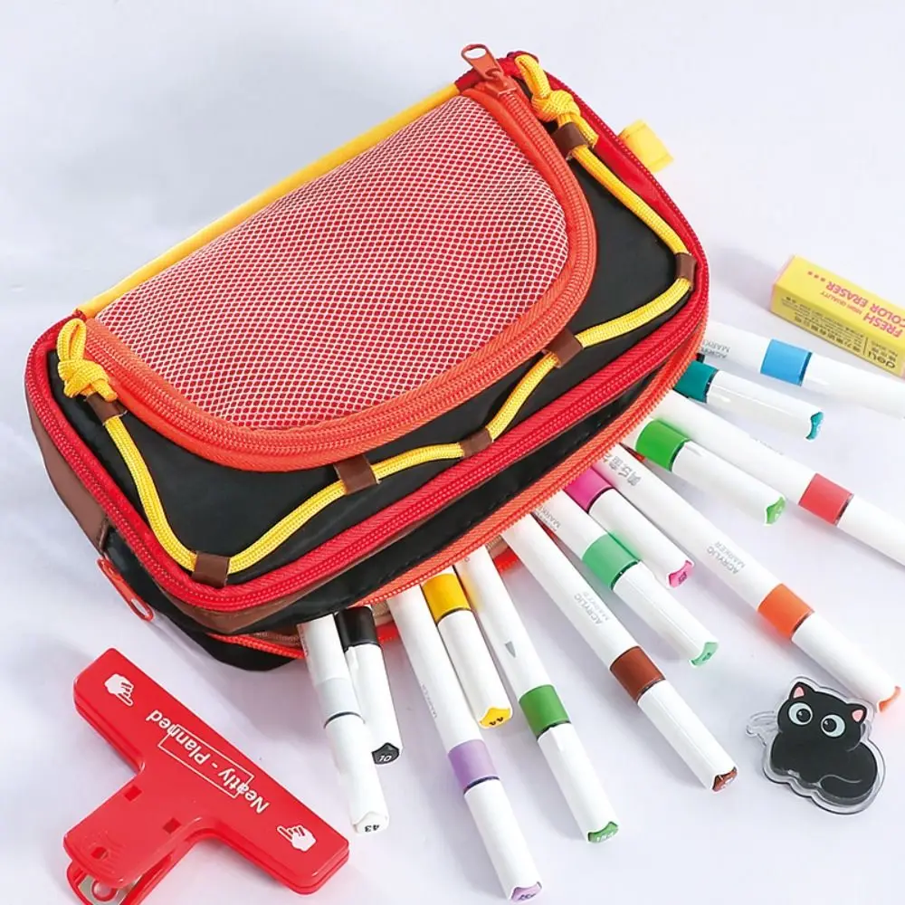 Multifunctional Contrast Color Pen Bag Drawstring Design Large Capacity Stationery Bag Eight Layers Pencil Case School Office