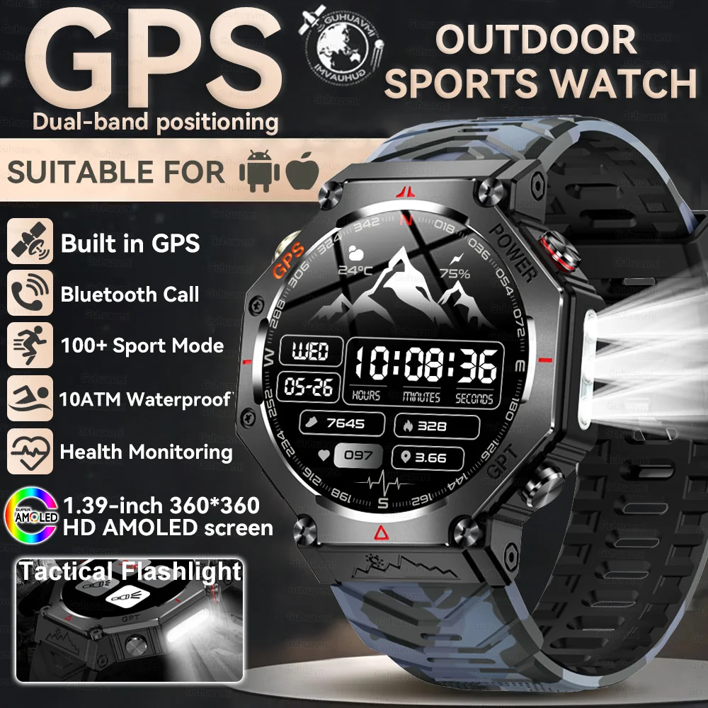 2026 Nieuwe Ingebouwde GPS Outdoor Smartwatch Heren Zaklamp Kompas BT-oproep Hartslagmeter 10ATM Waterdicht Sport Smartwatch 2026