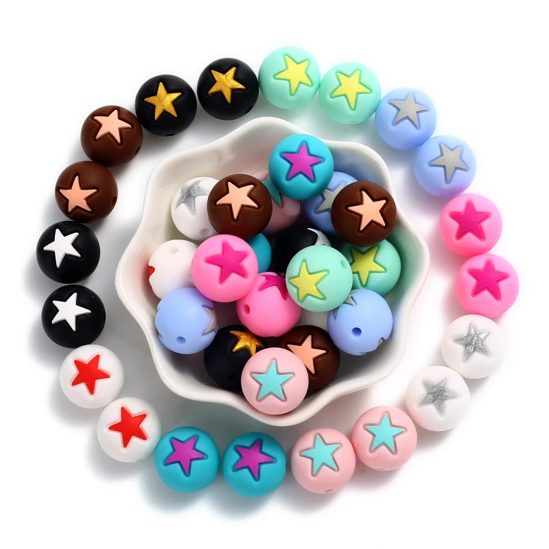 

10Pc 15mm Round Pentagram Silicone Teether Beads Colorful Jewelry Beads For Care Molar Baby Pacifier Chain DIY Necklace Bracelet