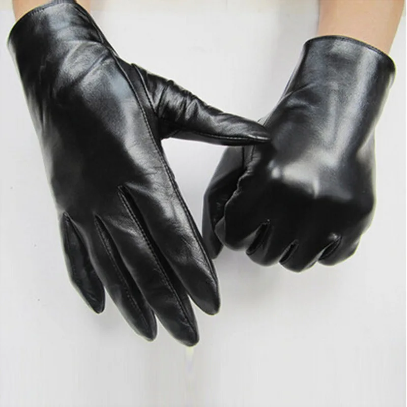 Women's Fashion Genuine Leather Gloves Thick Plush Winter Warm Sheepskin Full Finger Driving Gloves Mittens Black