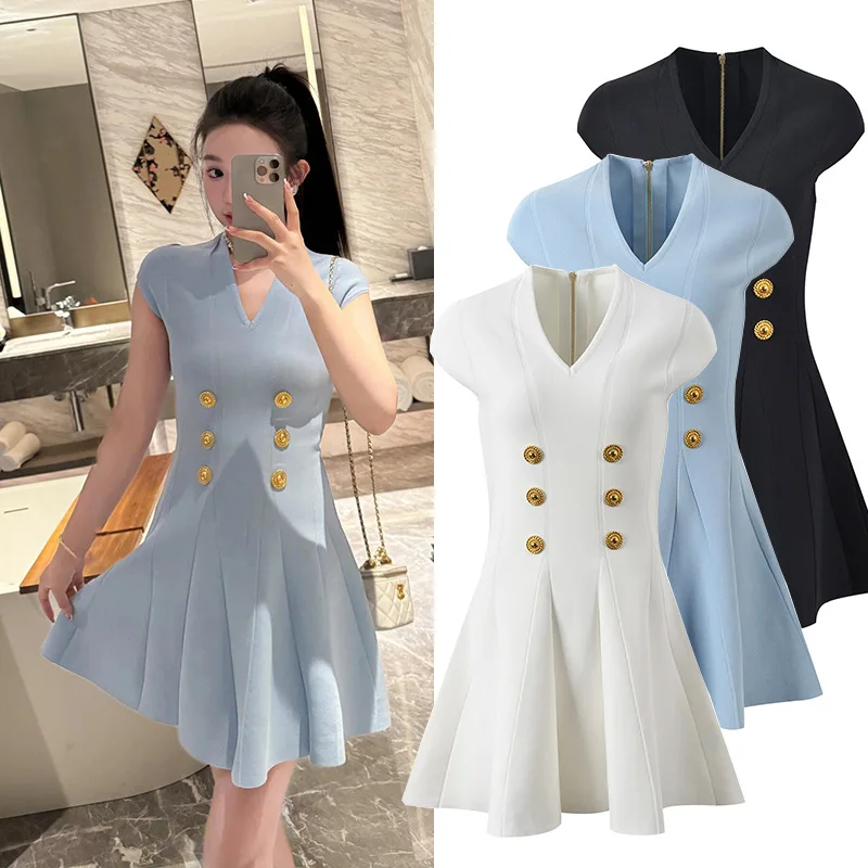 

Лето 2025 г., утягивающая металлическая синяя юбка трапециевидной формы с V-образным вырезом и скользящим поясом Dr Ele Ladylike Sle, базовая модель