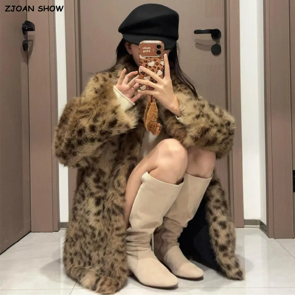 جديد الشتاء التلبيب طوق القهوة ليوبارد فو الفراء معطف طويل الأكمام أشعث المرأة سترة دافئة لينة فروي ملابس خارجية فضفاضة