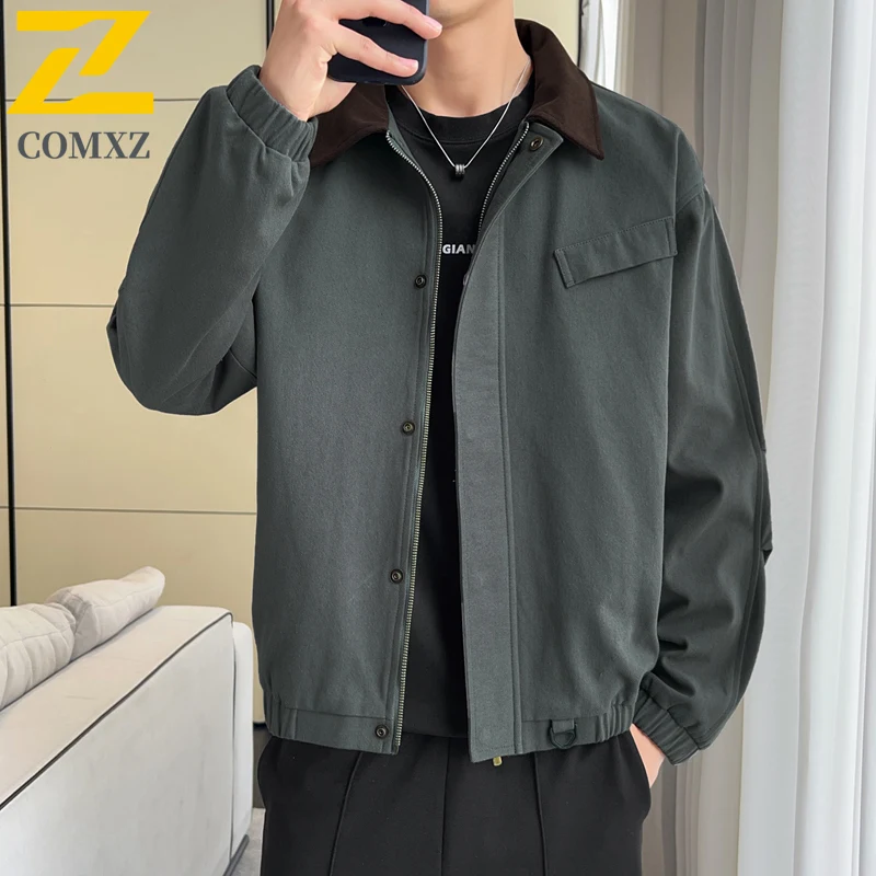 

COMXZ Мужская куртка Новый отложной воротник Корейская мода Легкие пальто Повседневная однотонная красивая ветрозащитная осенняя одежда