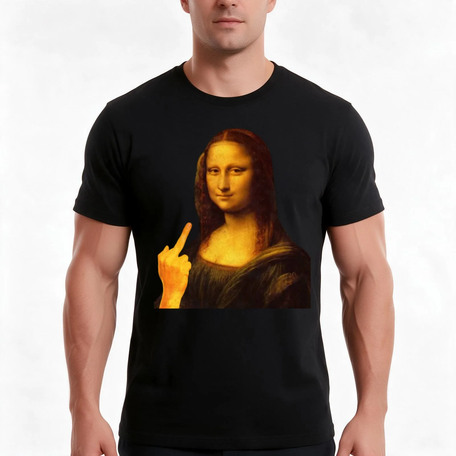 Mona Lisa Funny Painting Middle Finger Sticker T-Shirt, Summer Casual Cotton Tee, Oversized Streetwear Tops, Unisex Men Women
