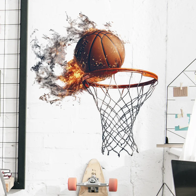 3D Fire Basketball Hoop Wall Stickers, Burning Basketball Through Net Teen Boys Bedroom Decor