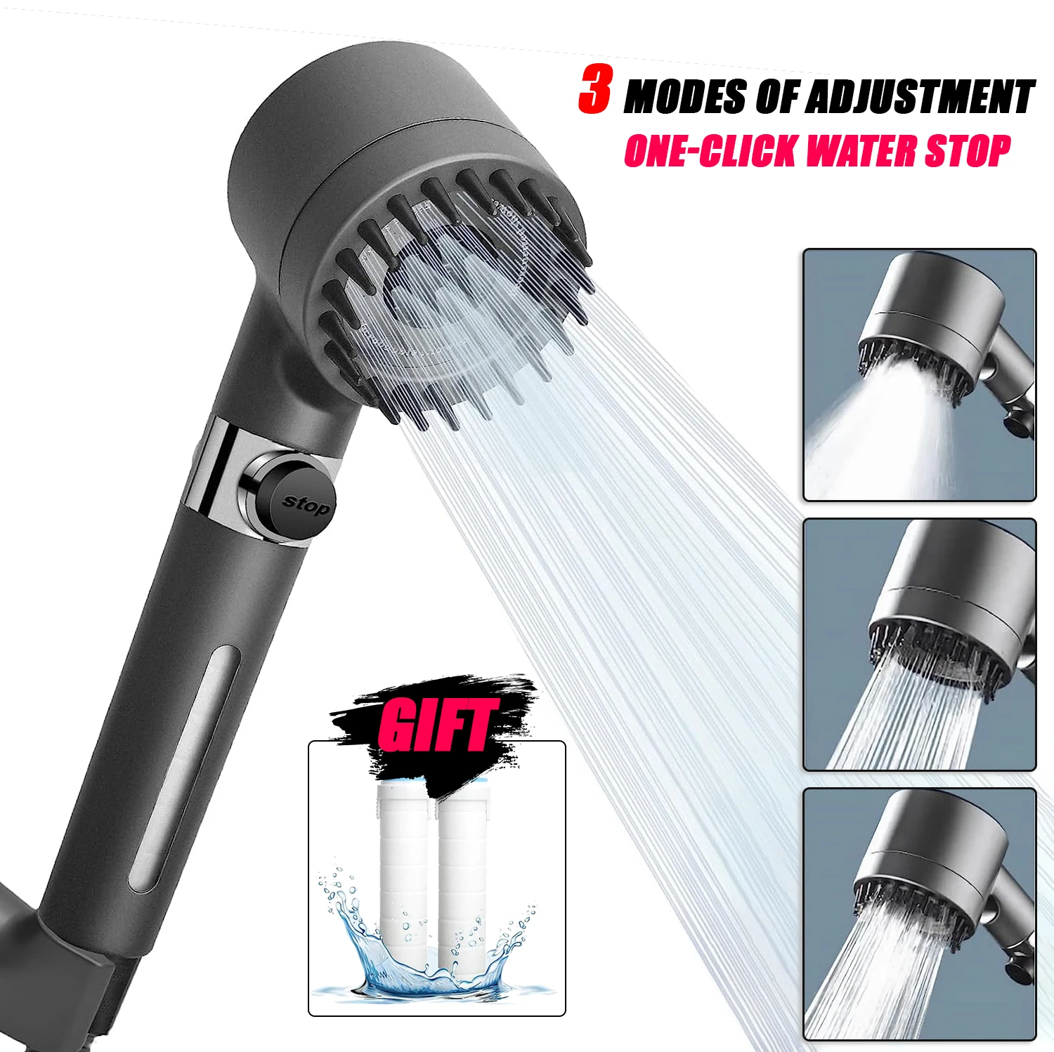 New Black Shower Head Rainfall High Pressure 3 Modes Adjustable Boost Filter Holder with Hose for Bathroom Accessories Sets