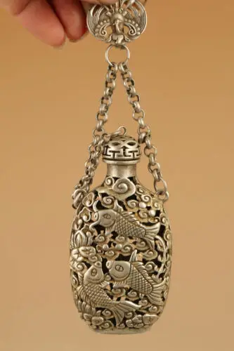 old tibetan silver hand carved hollow out fish lotus statue snuff bottle pendant
