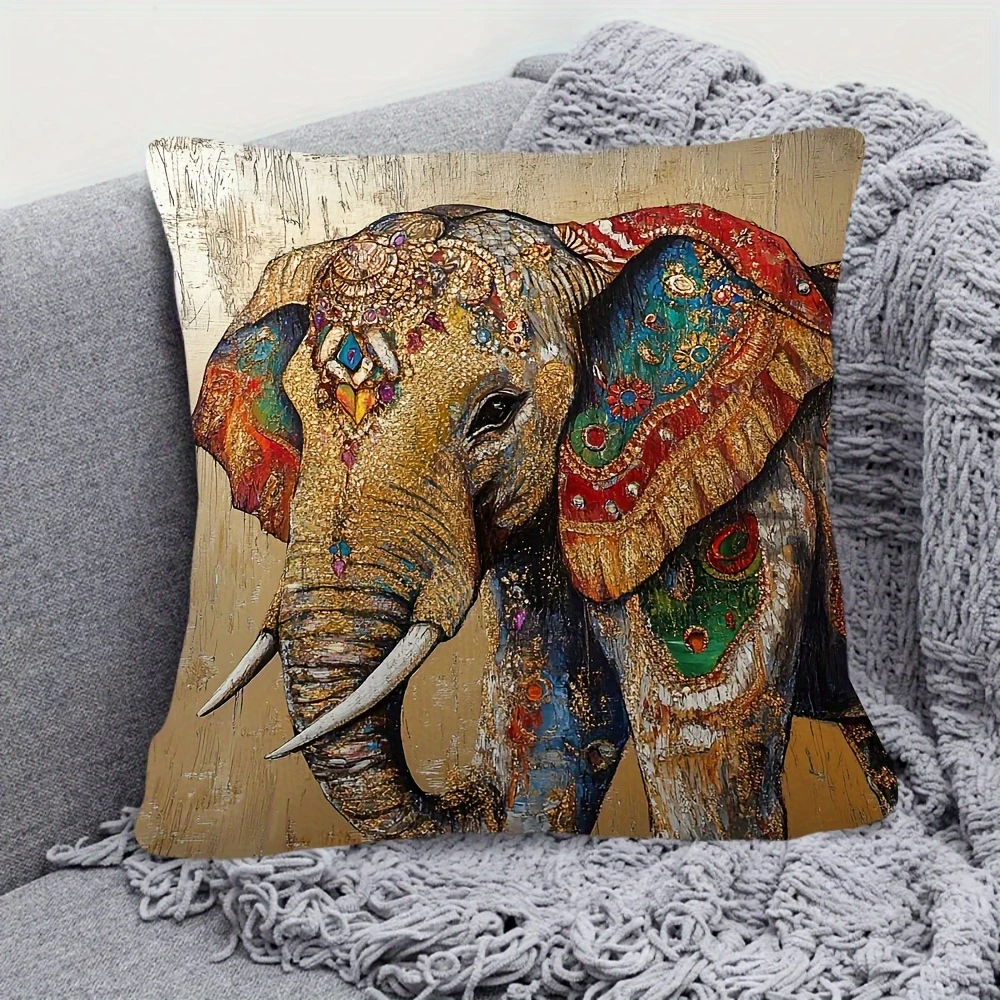 2D Flat Bohemian Luxury Elephant Print Throw Pillow Cover Vintage Gold Texture Decorative Cushion Case