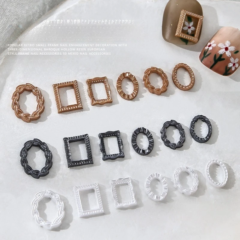 50Pcs Vintage Hollow Embossed Photo Frame Nail Charms White Antique Gold Mixed Ornaments for DIY Handmade Manicure Nail Decor