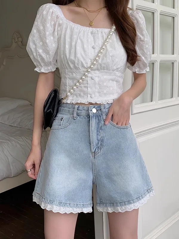 플러스 사이즈 여름 레이스 트림 데님 반바지 여성용 하이웨이스트 루즈핏 와이드 레그 팬츠 슬리밍 효과 트렌디 캐주얼 청반바지