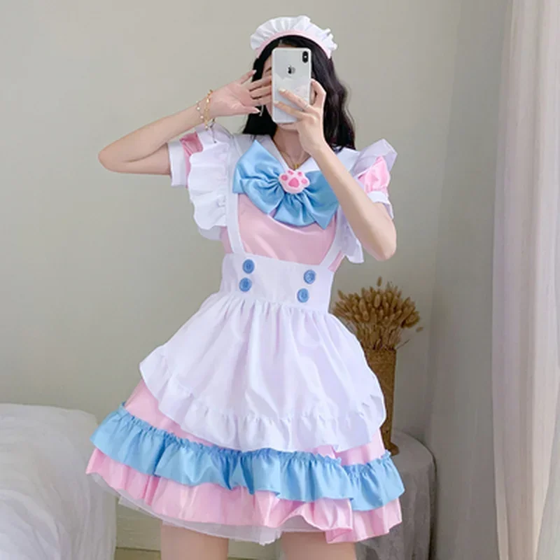 Roupa de cosplay anime para mulheres e homens, vestido longo, avental preto e branco, vestidos Lolita, café, rosa