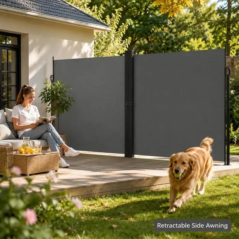 Einziehbare Seitenmarkise, Polyestergewebe mit automatischem Einziehmechanismus, Sichtschutz für Balkon, Terrasse, Garten, Raumteiler für den Innen- und Außenbereich, Anthrazit, 220 x 600 cm