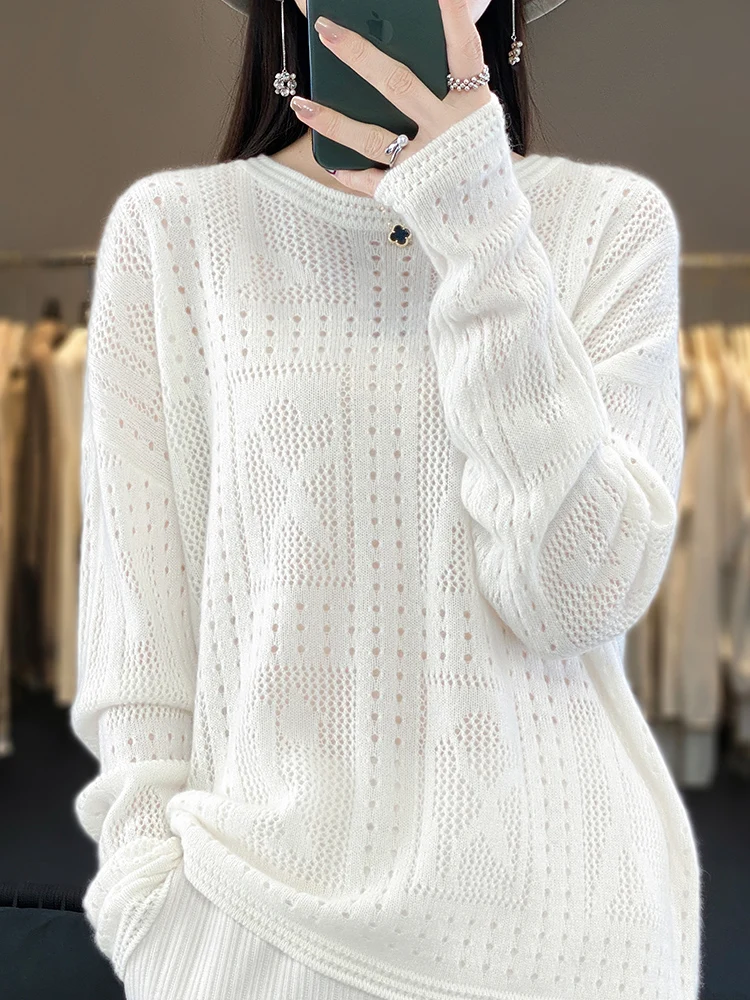 2024 Fashion musim semi musim gugur wanita Sweater kasmir 100% Merino wol rajut Pullover berlubang O-Neck Ladylike atasan lengan panjang