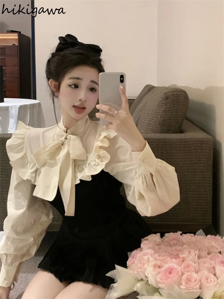 Temperament Women Shirts 2023 Blusas De Mujer Long Sleeve Contrast Color Blouses Bandage Bow Sweet Ruffles Vintage Blouse Tops