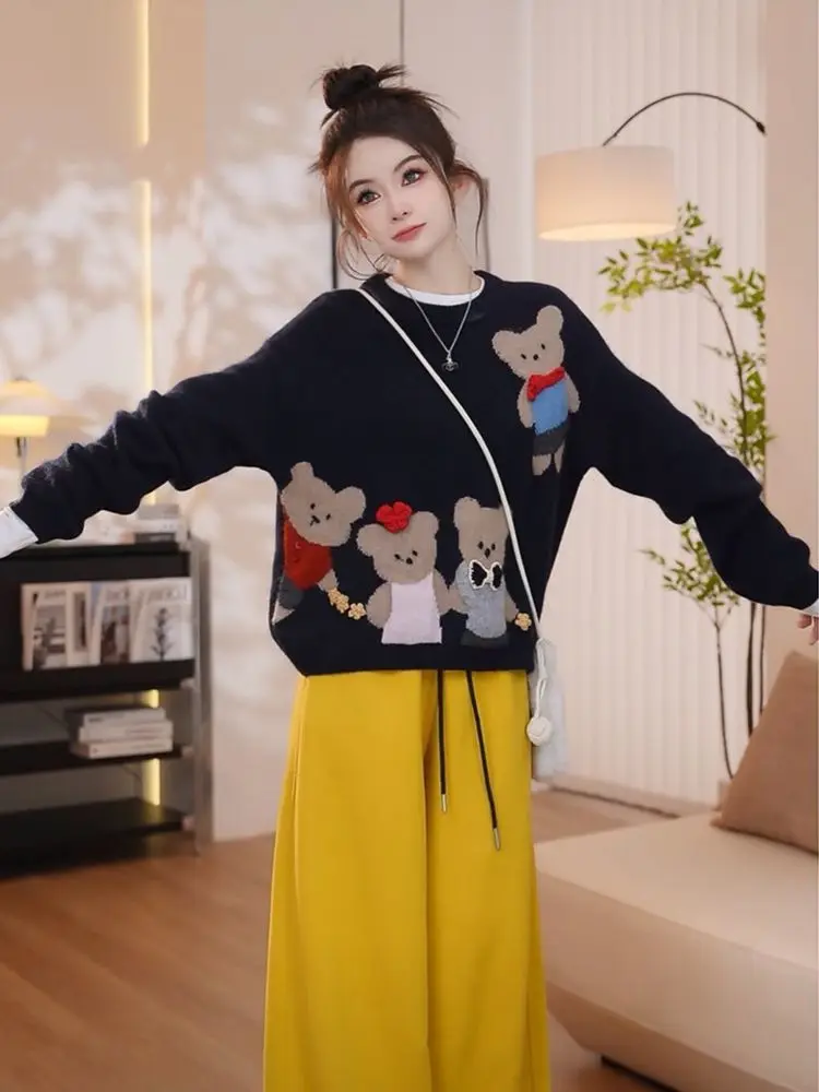 Colors Cute Bear Y2K Cartoon Jacquard Sweater Harajuku Teens Fairy Tale Kawaii Knitwaer Jumper Tops Winter Autumn Grey Clothes