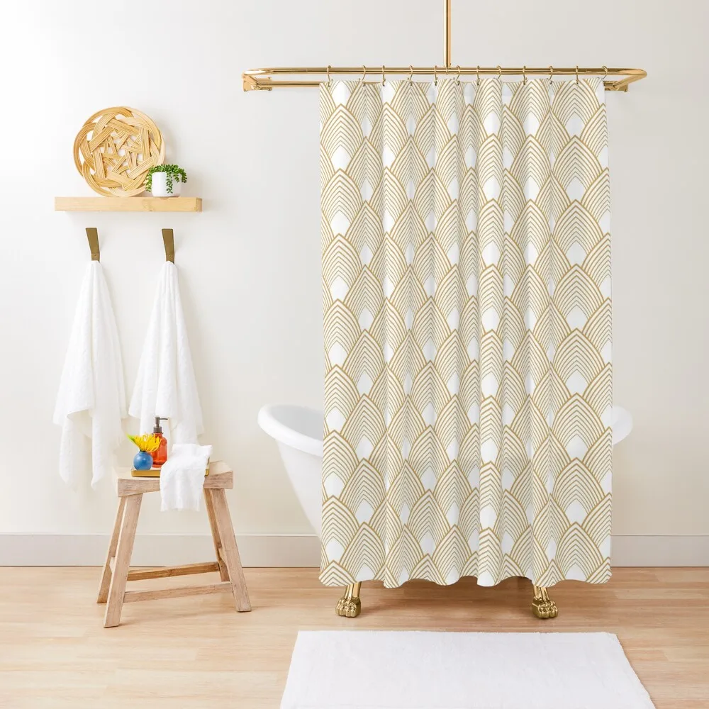 

Gold and White Art Deco Pattern Shower Curtain For Bathroom Bathroom For Shower Anime Shower Bathroom Accessories Curtain