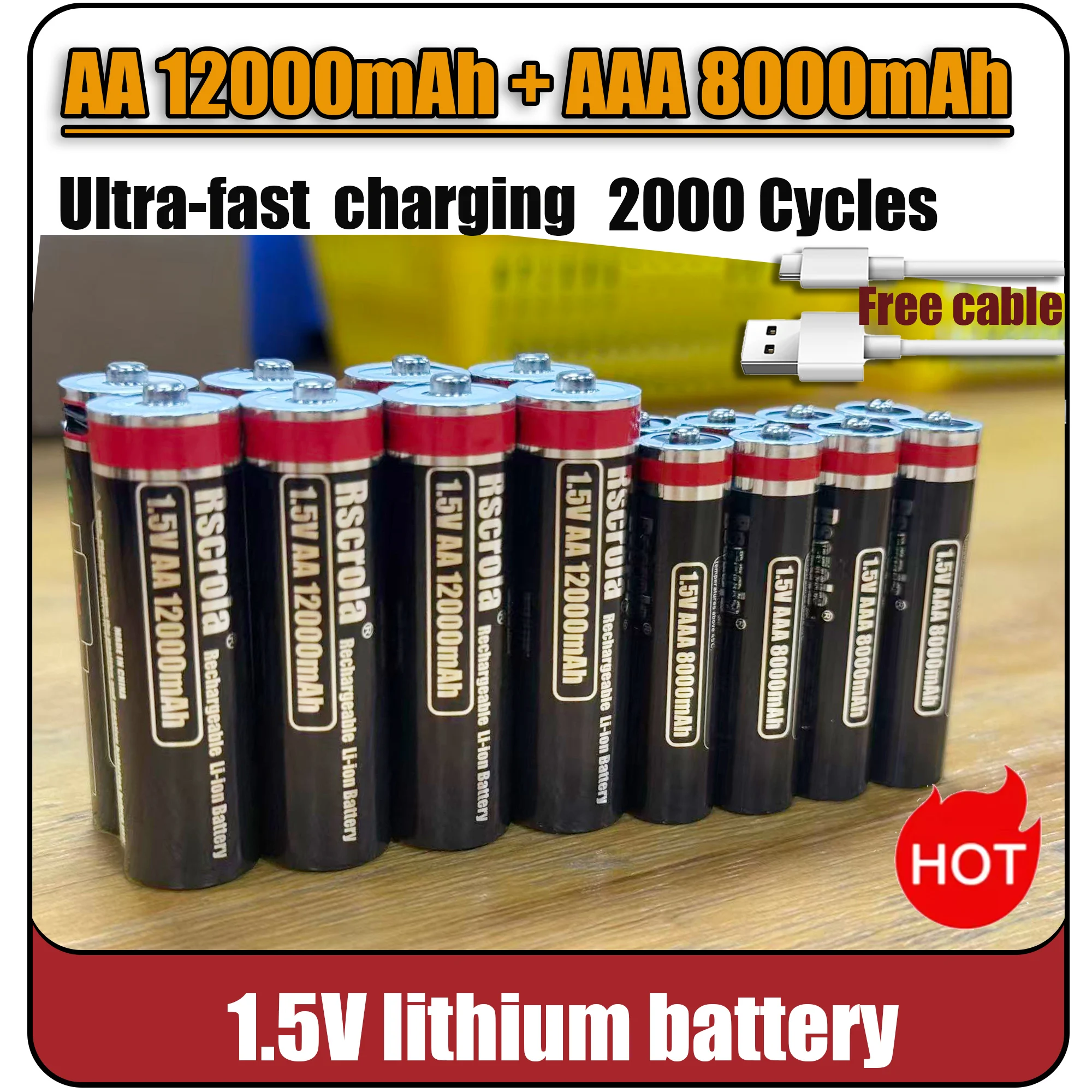 بطاريات ليثيوم أيون 1.5 فولت AA12000 مللي أمبير + AAA 8000 مللي أمبير بطاريات AA قابلة للشحن 1.5 فولت بطارية AAA مع كابلات USB-C