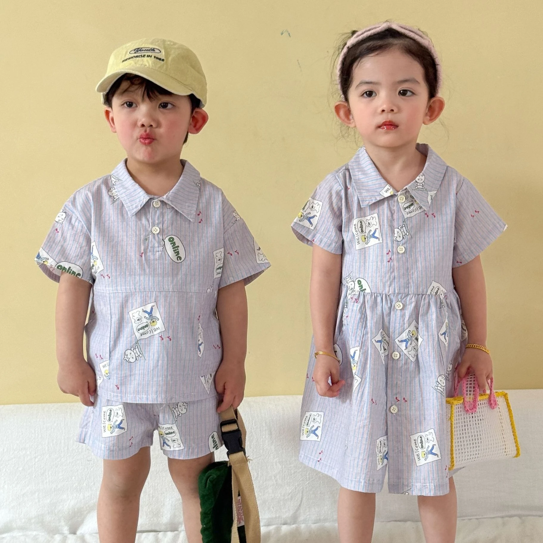 

Set 2026 Spring Summer New Children's Clothing Korean Style Boys and Girls Cartoon Printed Shirt Shorts Dress Brother and Sister