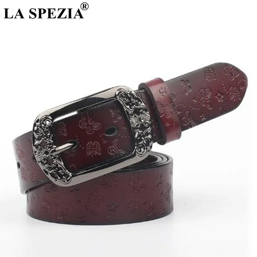 LA SPEZIA حزام أسود للنساء الجلد الحقيقي دبوس مشبك أحزمة خمر الإناث جلد البقر الحقيقي تنقش السيدات حزام خصر 110 سنتيمتر