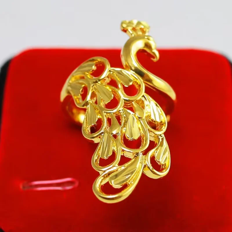 9999 Real Gold 24K Gold Wedding Bride Rich Peacock Ring Adjustable