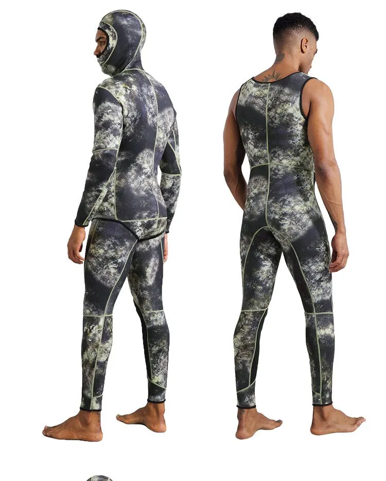 Neoprenanzug, 3 mm, Camouflage, langärmelig, mit Kapuze, 2-teilig, aus Neopren, zum Tauchen, für Herren, hält warm, Tauchanzug, Badebekleidung – Detail 7