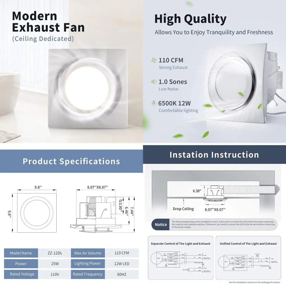 

LED Square Ceiling Mount Bathroom Exhaust Fan with Light, 110 CFM, 4 Duct, 110V, White