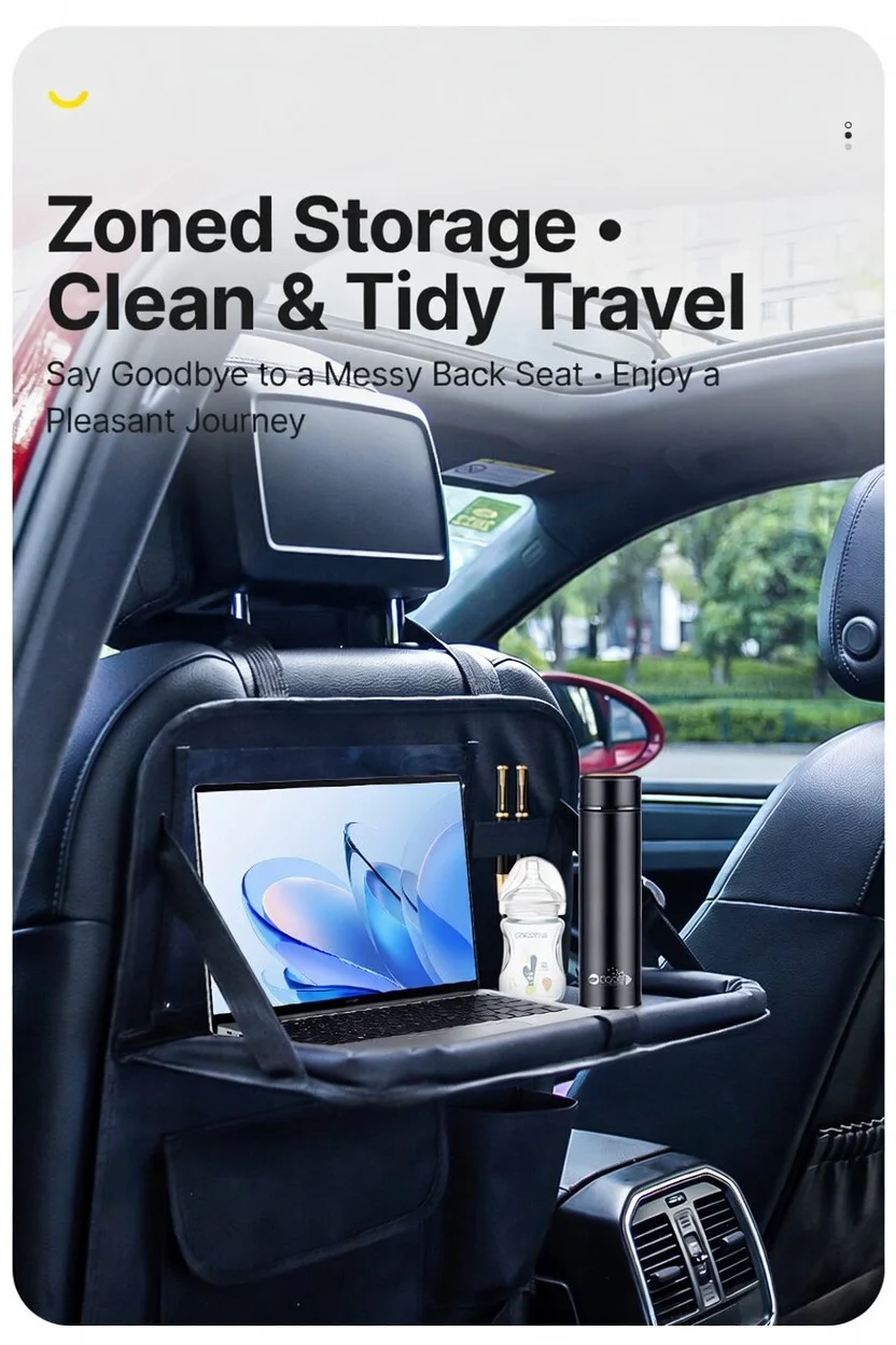 

Универсальный органайзер для заднего сиденья автомобиля с откидной подставкой, держателем для стаканов и карманом для сенсорного экрана - Решение