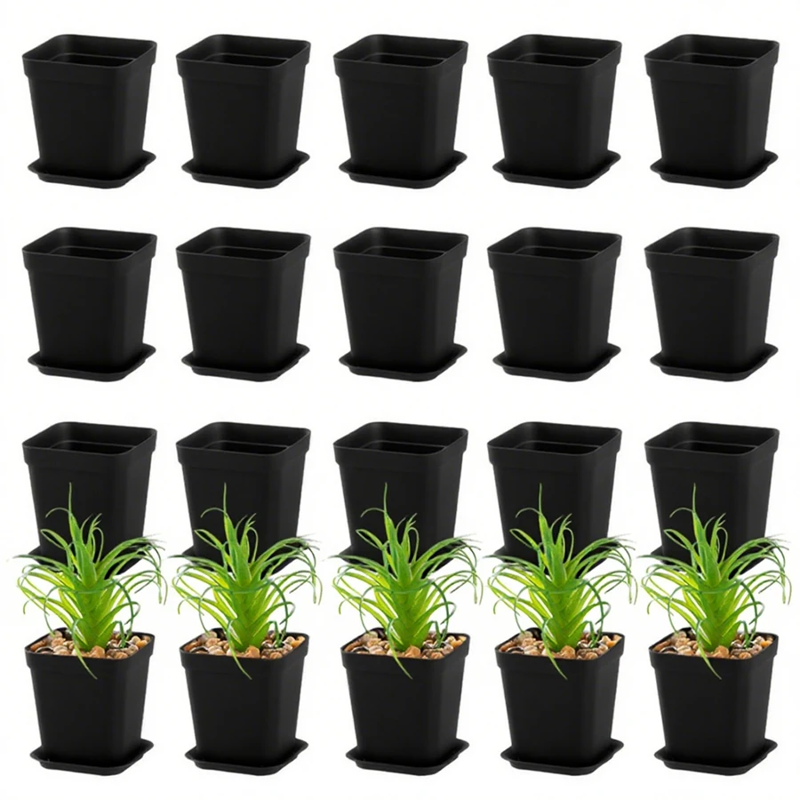 10pcs 7cm Black Square Flower Plant Pots with Tray Succulent Plant Nursery Pot Home Office Desktop Gardening Balcony Decor