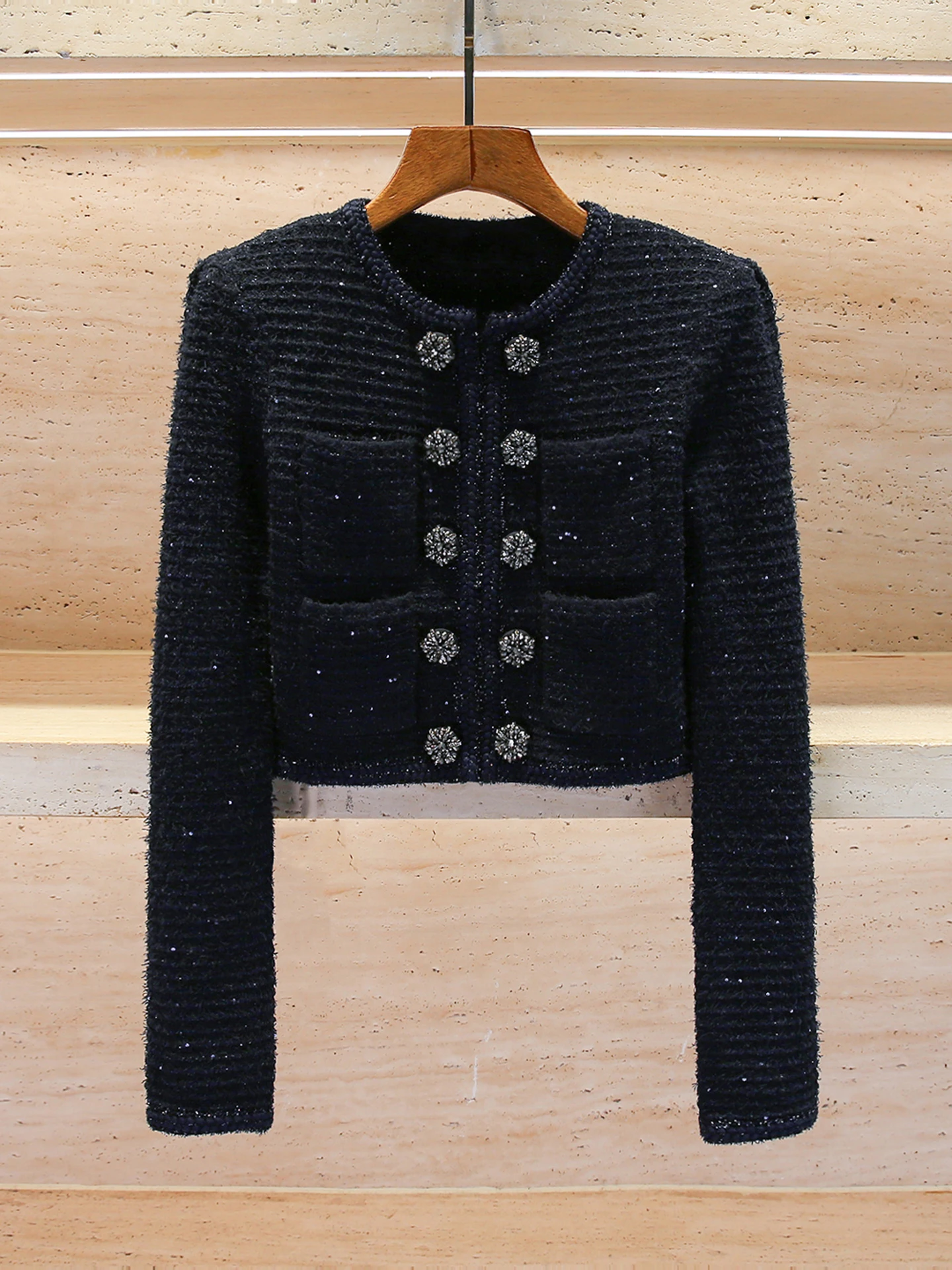 

Вязаное пальто-кардиган с двухрядными пуговицами и пайетками для женщин, осень-зима, модная подставка, подходит для верхней одежды