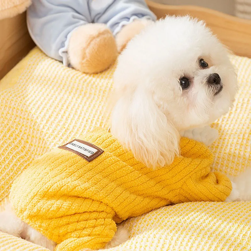 

Yellow Corduroy Teddy Four Legs Clothes Puppy Winter Clothes Simple Cloth Label Dog Cotton Coat Pet Jumpsuits XS-XL