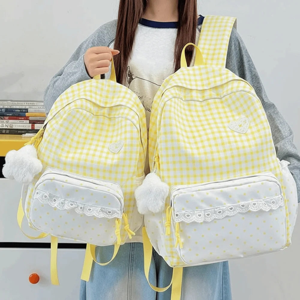 Korean Style Gingham Backpack Ruffle Design Polka Dot Lace Schoolbag Heart Embroidery Pastel Colors Plaid Daypack Casual Outing