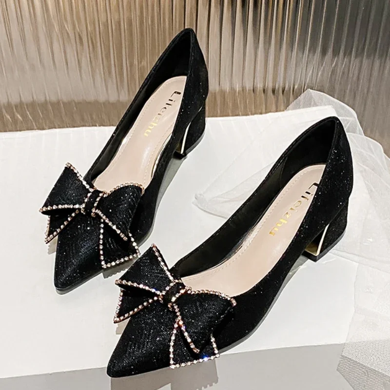 Women Pumps 2024 Spring New Pointed Toe Crystal Butterfly-knot Shoes Ladies Med Heel Luxury Dress Party Wedding Shoes Female