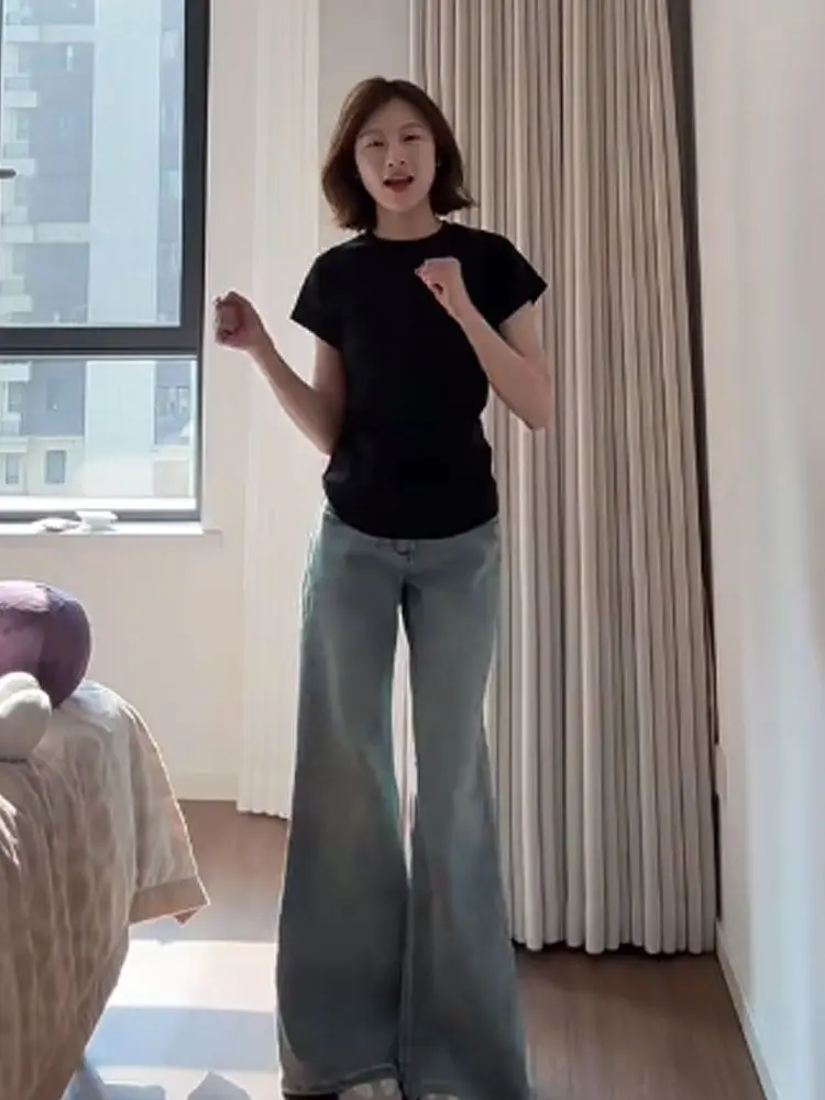 

Low Waist Jeans Y2K Women Ladies Clothing Stacked Ruffle Pleated Draped Split Slit Asymmetric Detail Side Female Denim Trousers