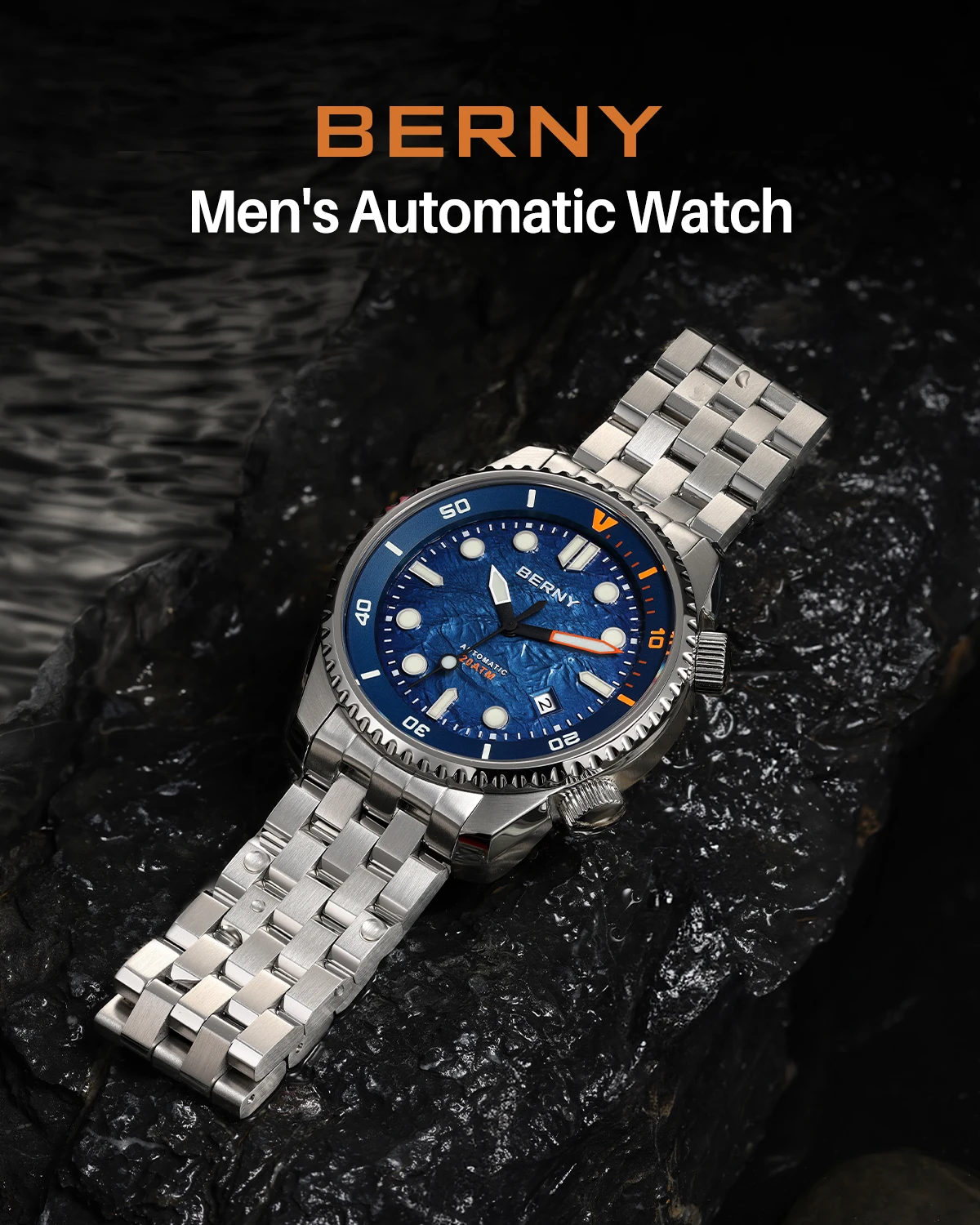 BERNY Automatische Taucheruhr für Herren, Top-Luxus, Saphirglas, 316L-Stahl, New Wave-Zifferblatt, 200 m wasserdicht, mechanische Taucher-Herrenuhren – Detail 1