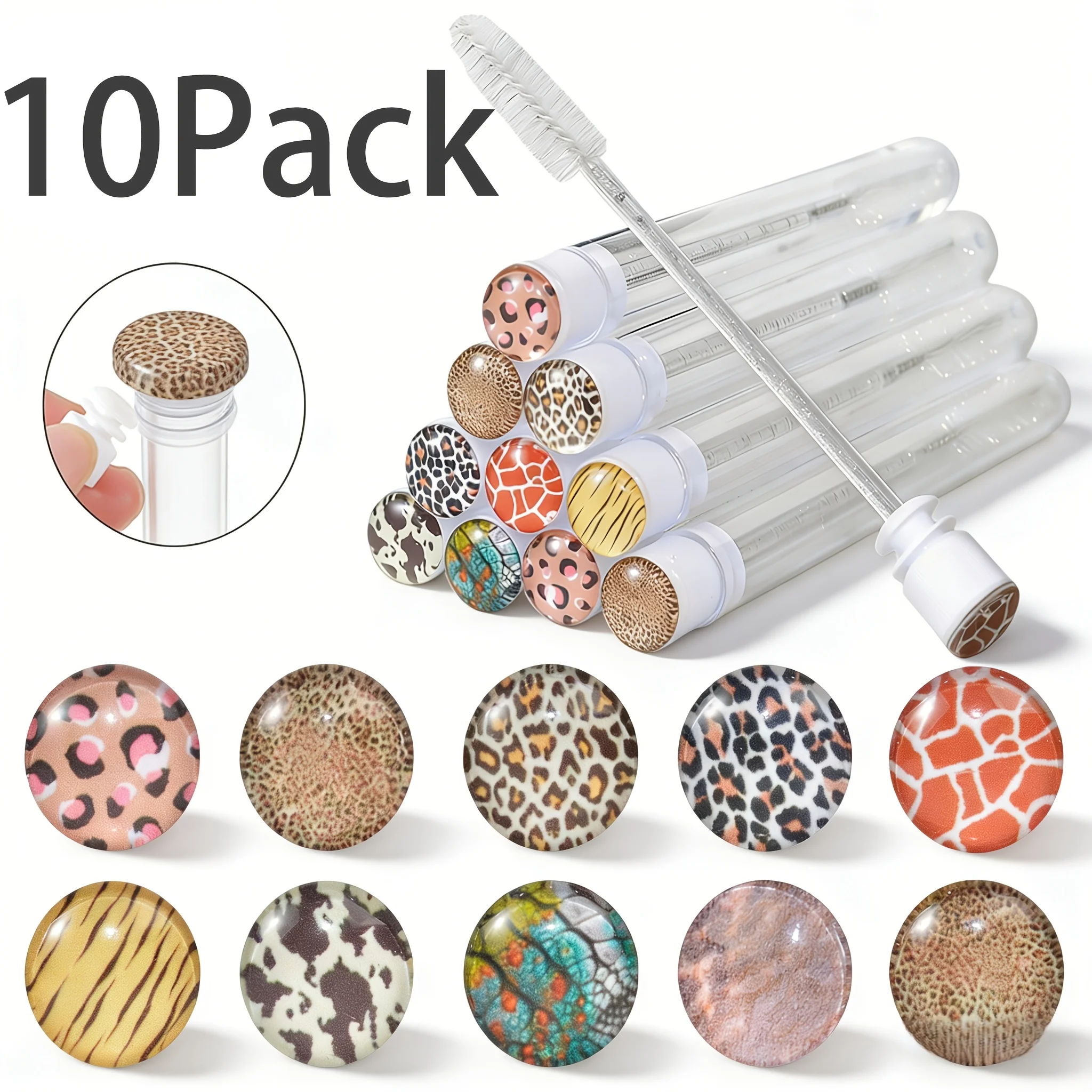 10PcsLeopard Mascara Wands Eyelash Extension Spoolies with Case, Portable Reusable Eyebrow Brush Dust-proof Tube Lash Separators