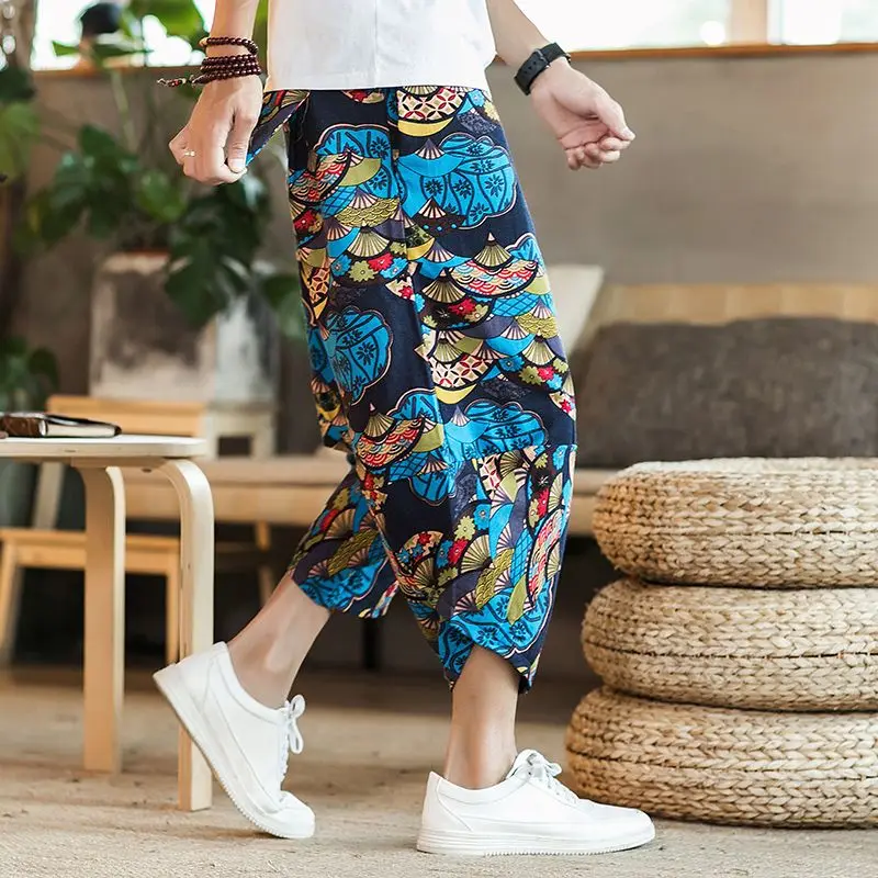 Cenoura tamanho grande linho de sete pontos masculino verão solto estilo chinês bloomers calças harém masculinas