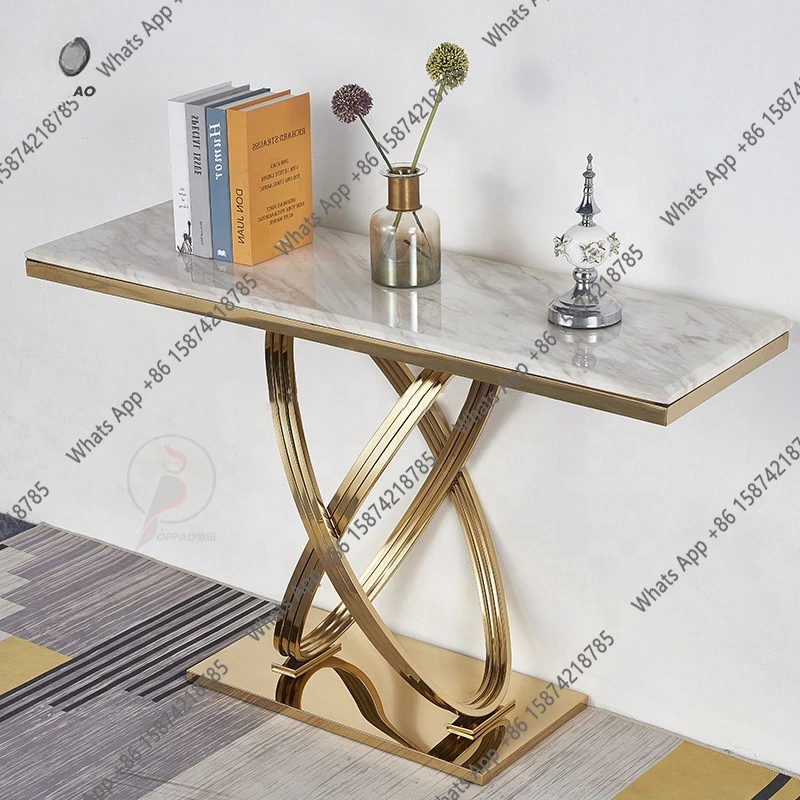 

Marble stainless steel porch table, simple modern titanium, decorated against the wall, light luxury porch cabinet strip table