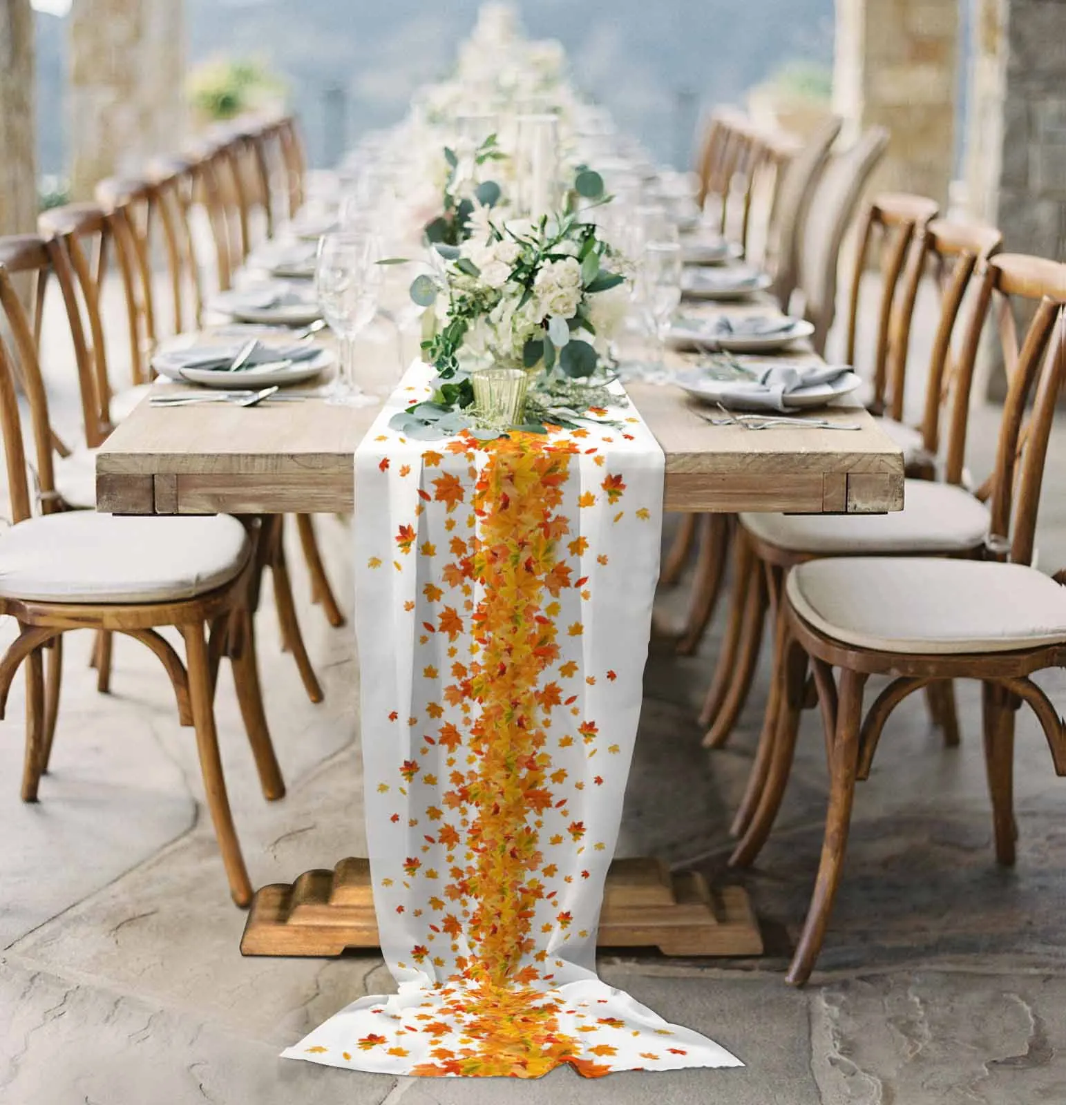 

Autumn Thanksgiving Maple Leaf Sheer Chiffon Table Runner Wedding Party Birthday Tulle Voile Tablecloth