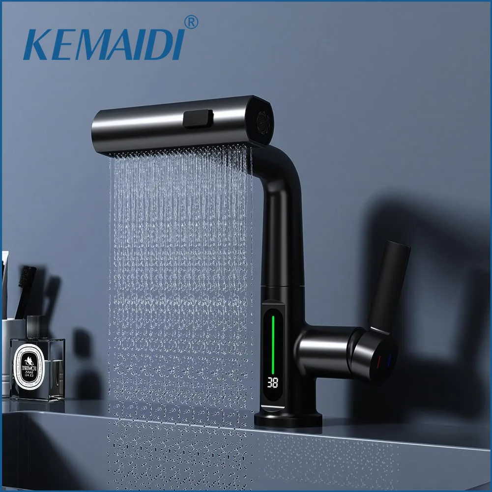 KEMAIDI Bathroom Faucet with Pull Out Sprayer 3 Modes Digital Temperature Display Bathroom Sink Faucet w/ 360° Swivel Spout Tap